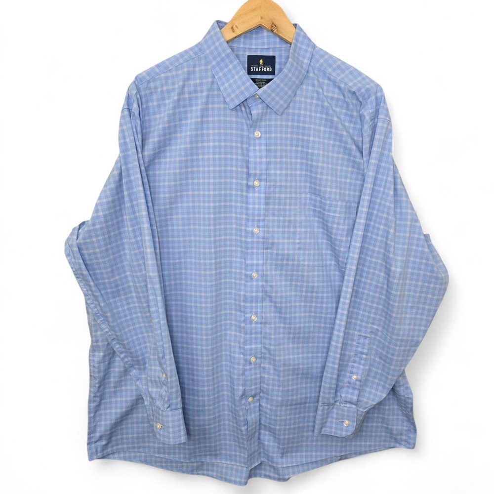 Stafford Dress Shirt Mens XXL 18-18.5 34/35 Blue Plaid Button Up Smart Tech